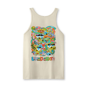 Beige tank top with colorful graphic design on a white background. Back