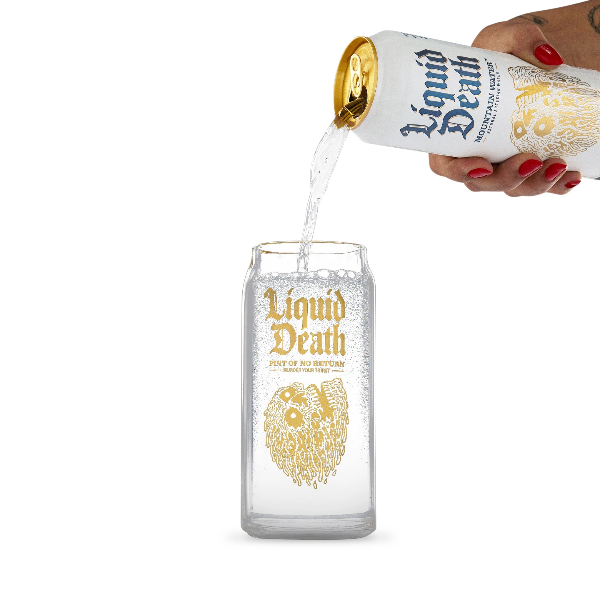 Person pouring 'Liquid Death' into a glass container on a white background