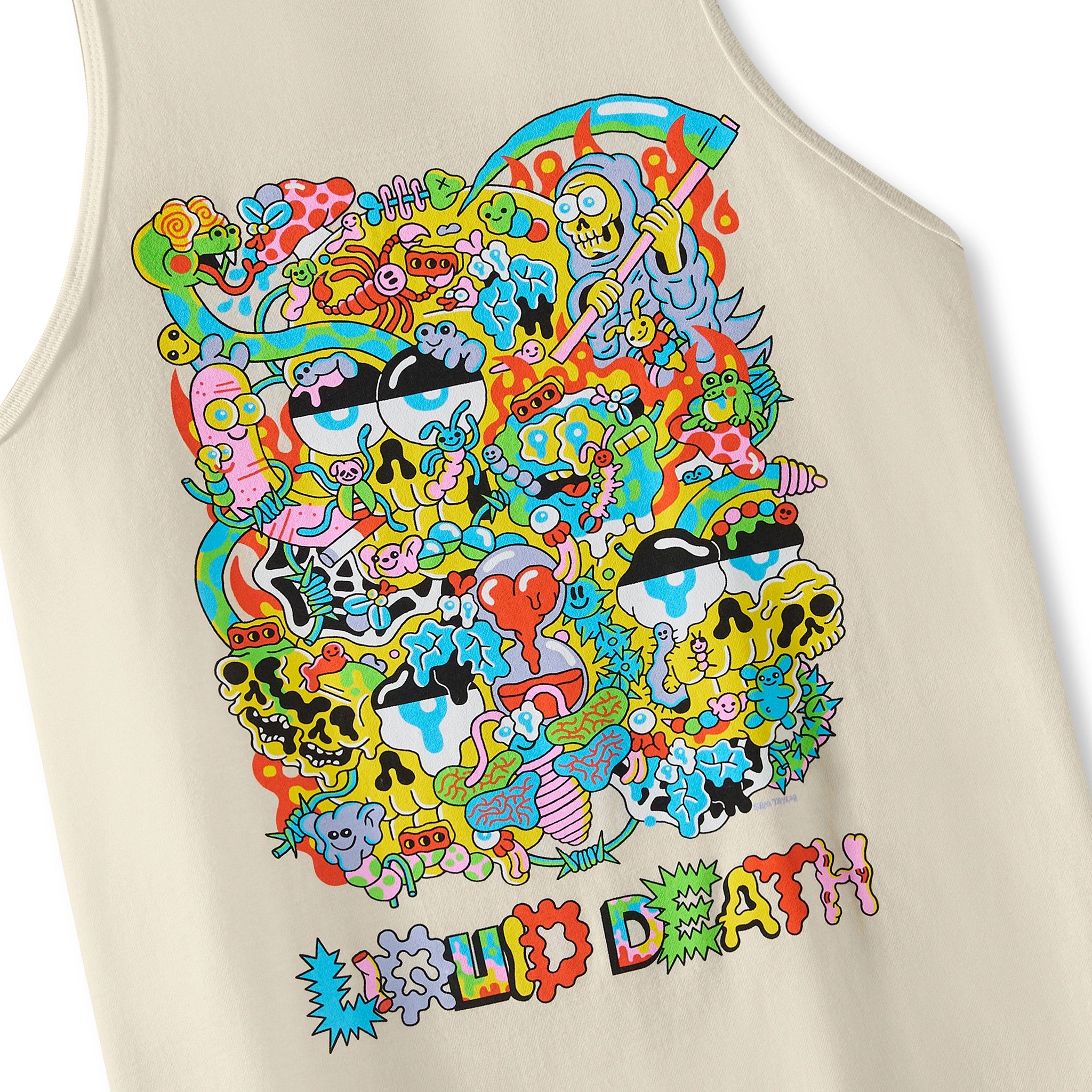 Beige tank top with a colorful graphic design featuring skulls and the text 'LIQUID DEATH'. Front