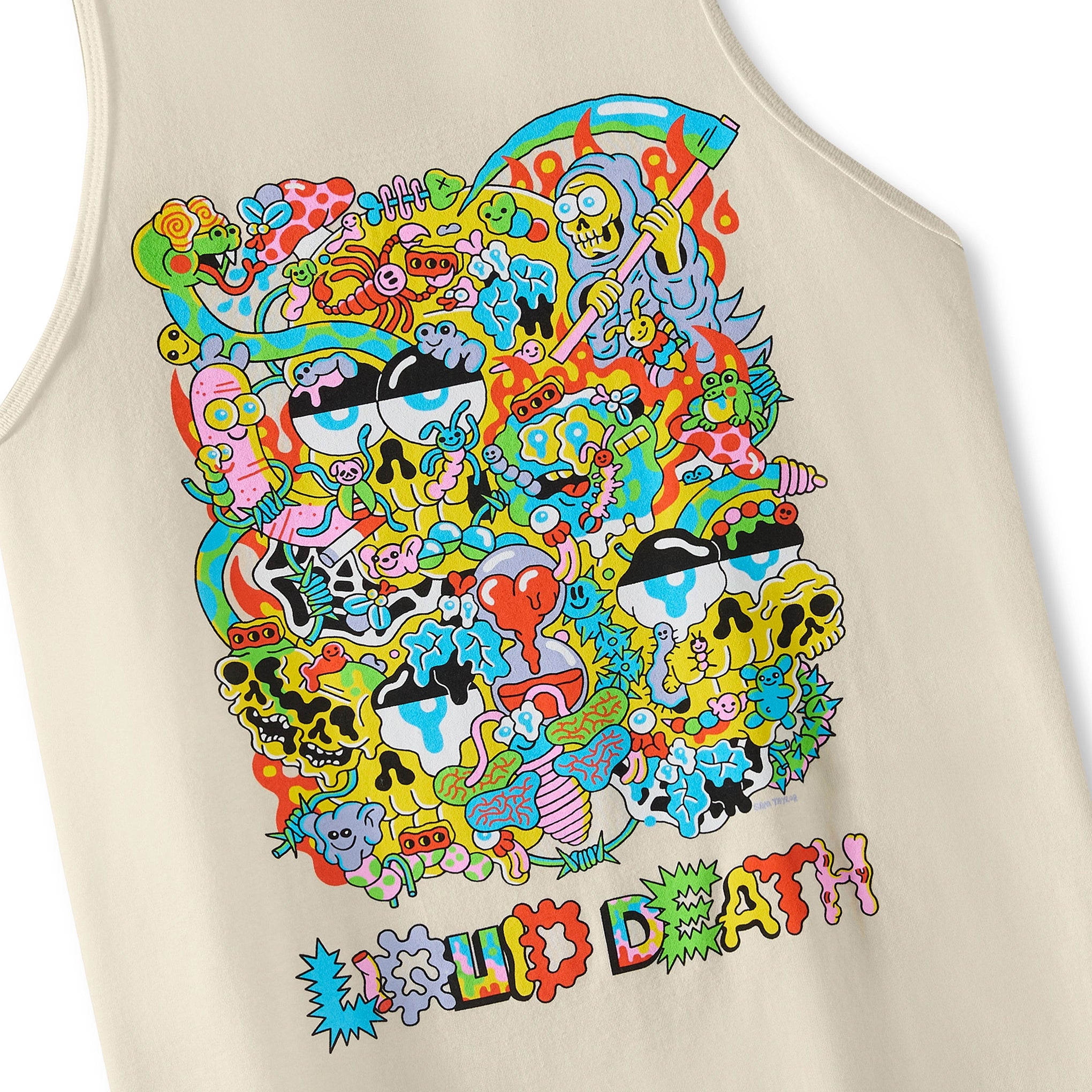 Beige tank top with a colorful graphic design featuring skulls and the text 'LIQUID DEATH'. Front