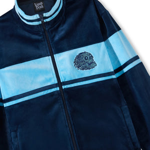 Navy blue jacket with light blue stripes and a logo on a white background