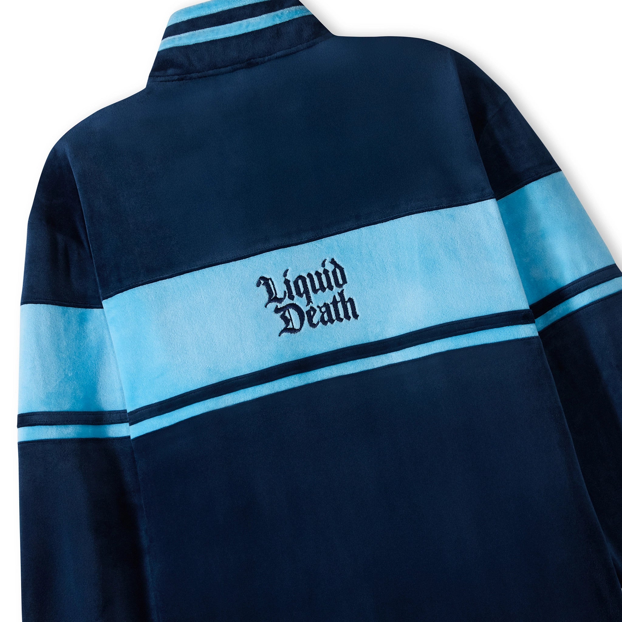 Navy and light blue striped shirt with 'Liquid Death' text on a white background