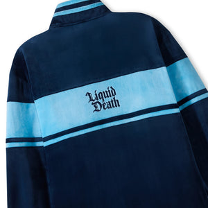 Navy and light blue striped shirt with 'Liquid Death' text on a white background