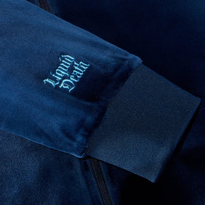 Navy blue jacket with 'Liquid Death' logo on sleeve