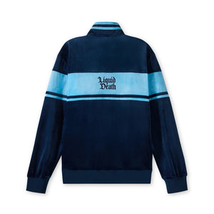 Navy blue jacket with light blue stripes and 'Liquid Death' text on a white background