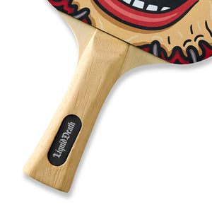 Paddle with cartoonish face design and 'Liquid Death' branding on a white background