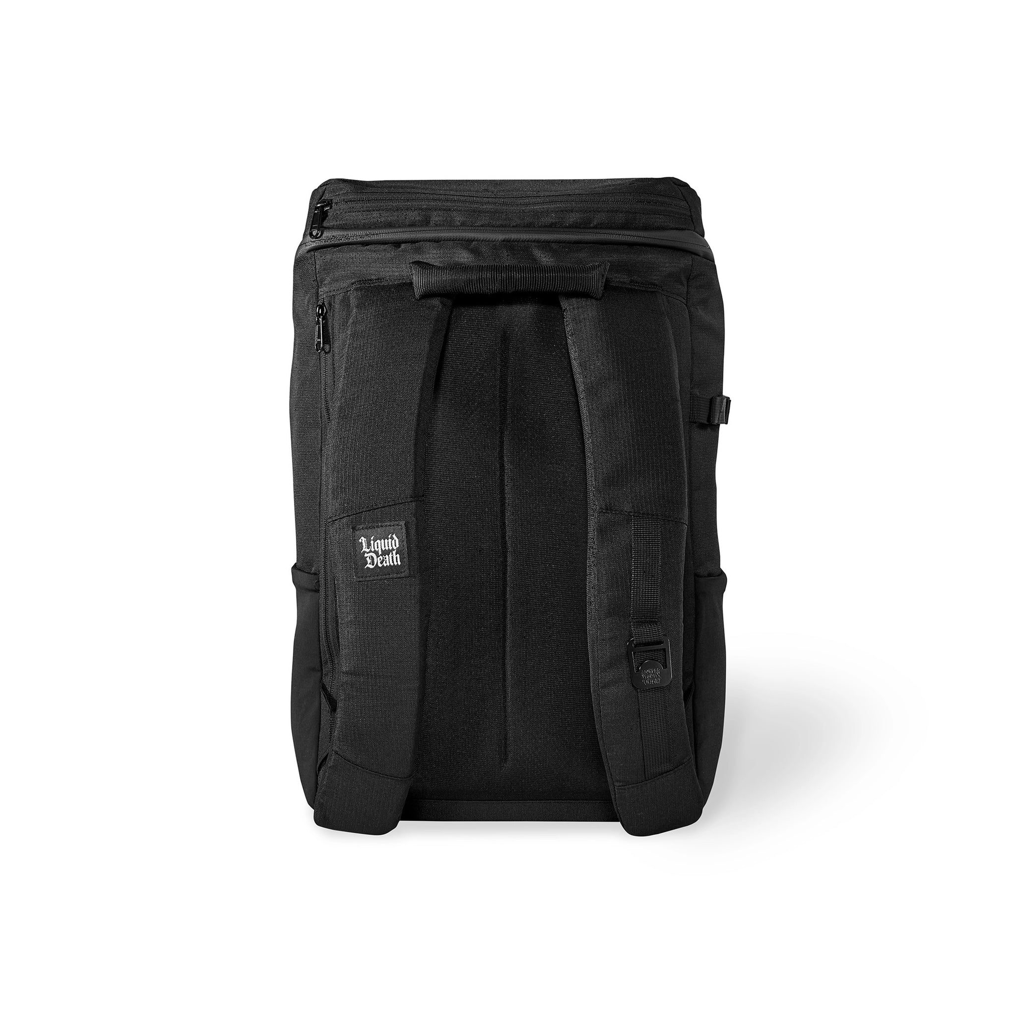 Black backpack with a visible brand logo on a white background