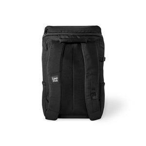 Black backpack with a visible brand logo on a white background