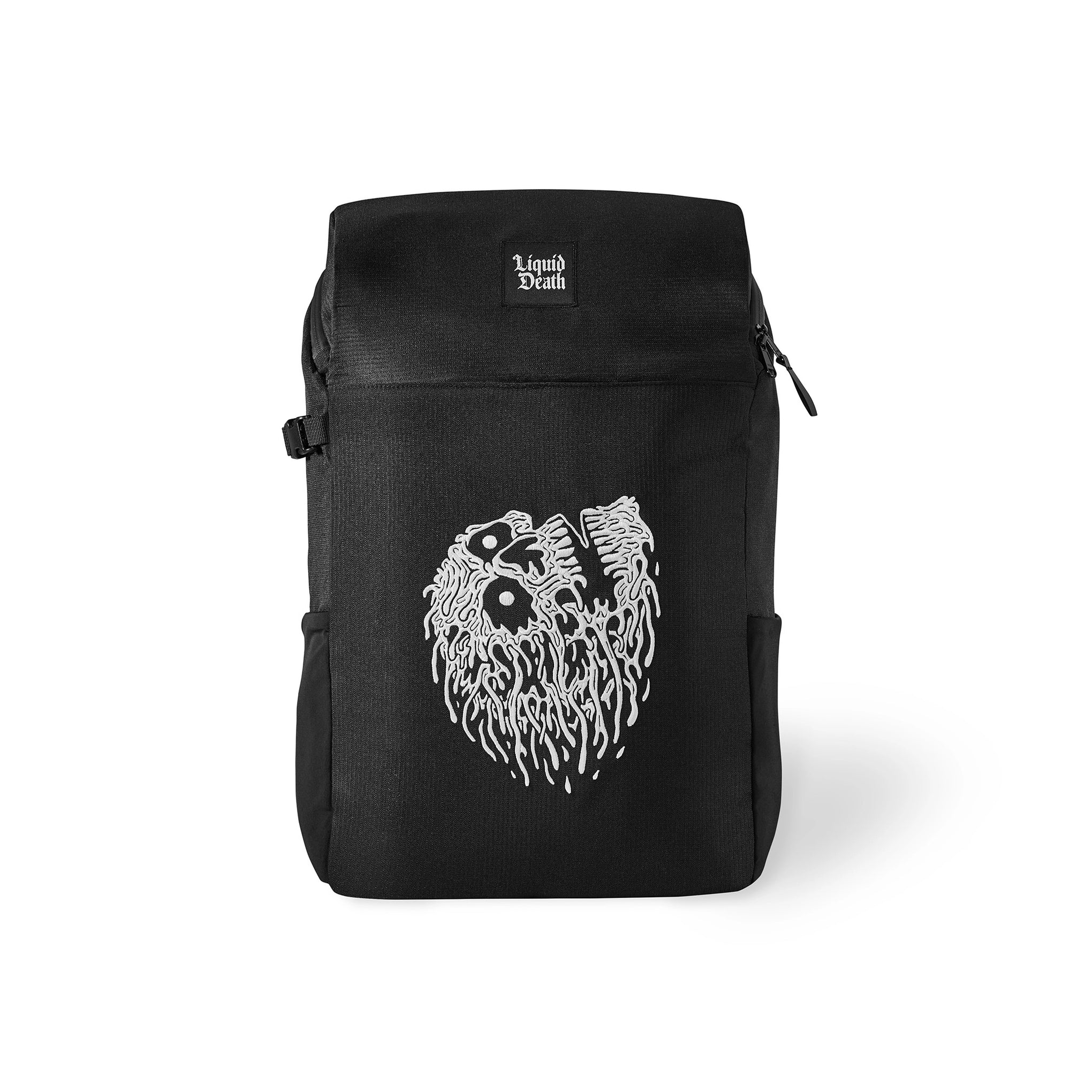 Black backpack with white graphic design on a white background