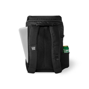 Black backpack with a laptop and can of beer on a white background