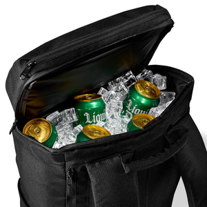 Black backpack with green liquid death cans and ice cubes inside