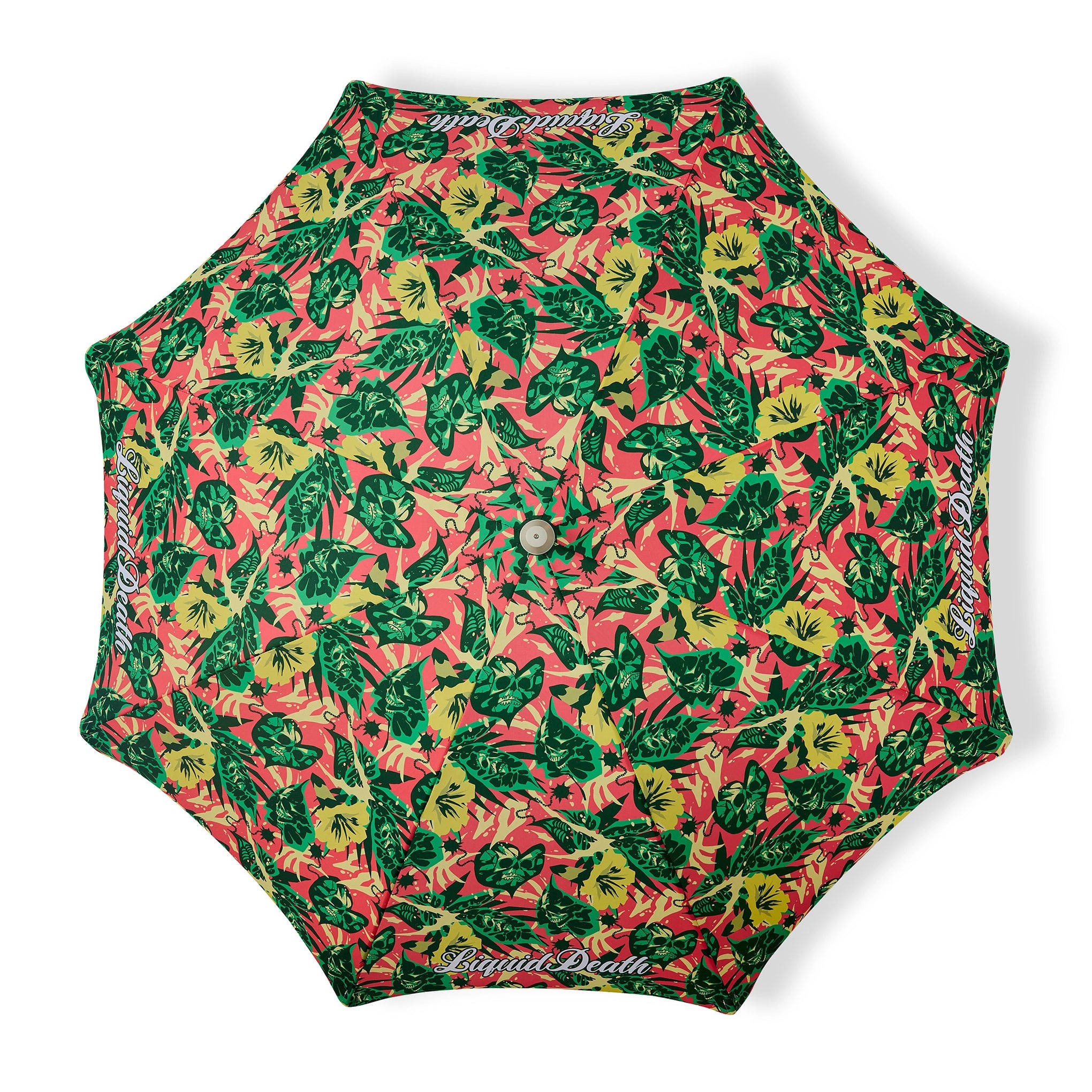 Umbrella with a colorful leaf pattern and 'Liquid Death' branding on a white background