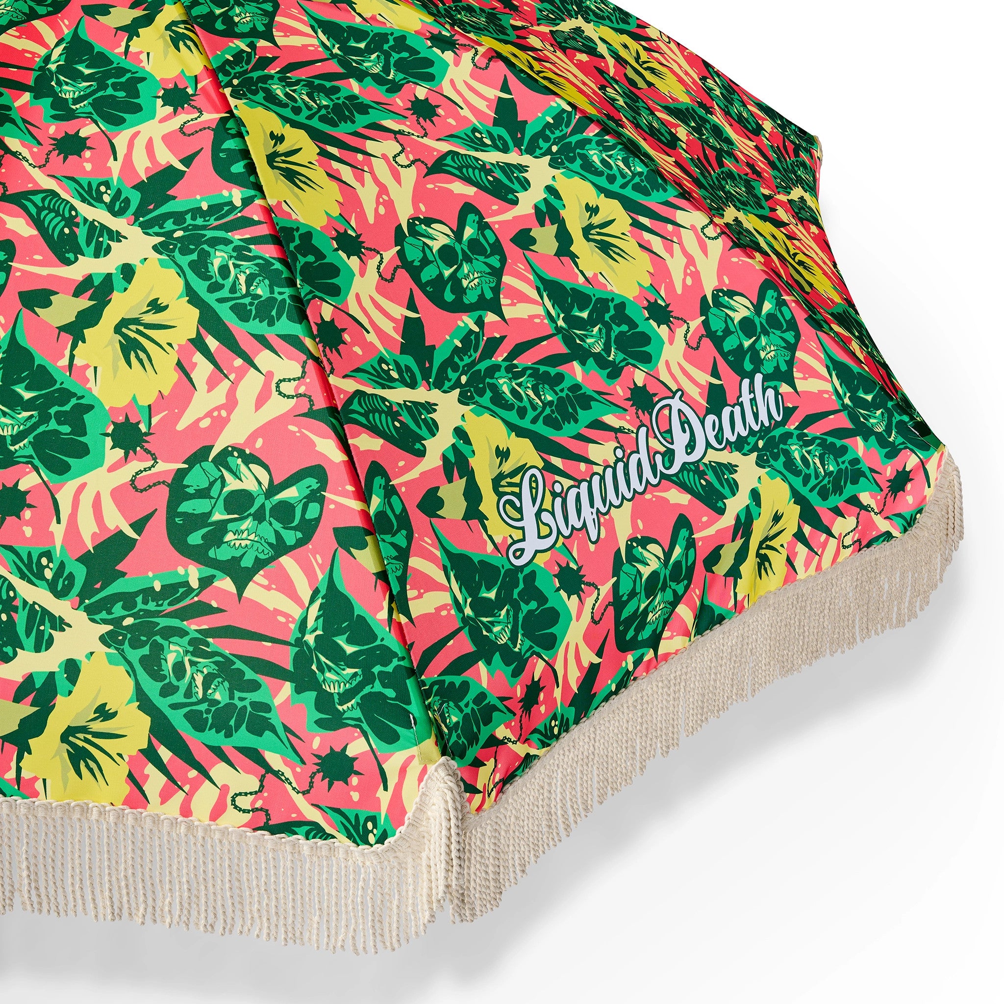 Umbrella with a colorful leaf pattern and 'Liquid Death' branding on a white background