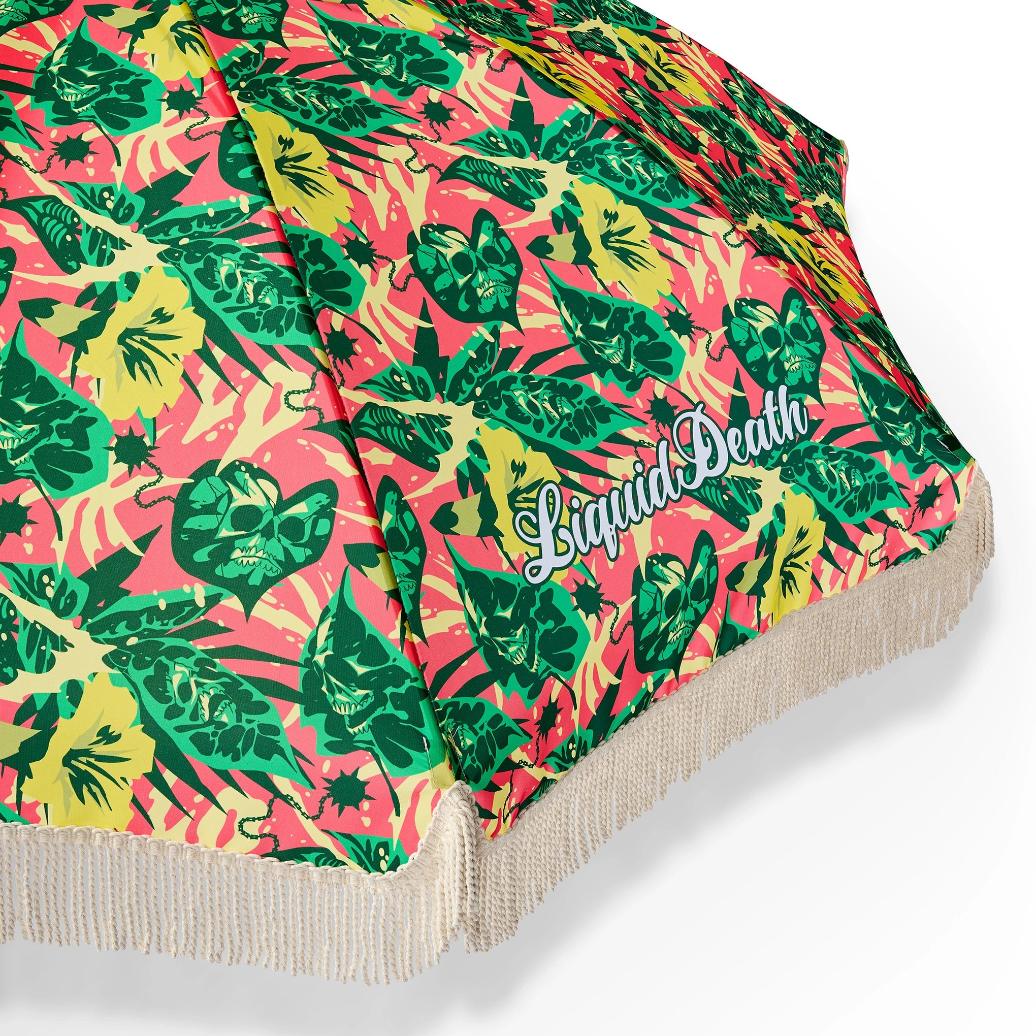 Umbrella with a colorful leaf pattern and 'Liquid Death' branding on a white background