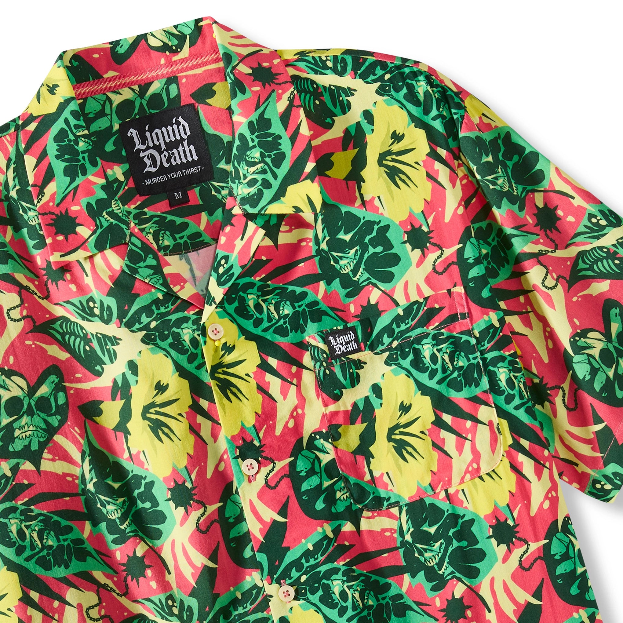 Colorful patterned shirt with 'Liquid Death' branding on a white background Front