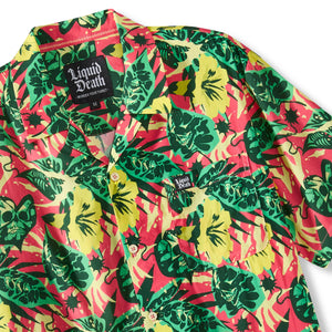 Colorful patterned shirt with 'Liquid Death' branding on a white background Front
