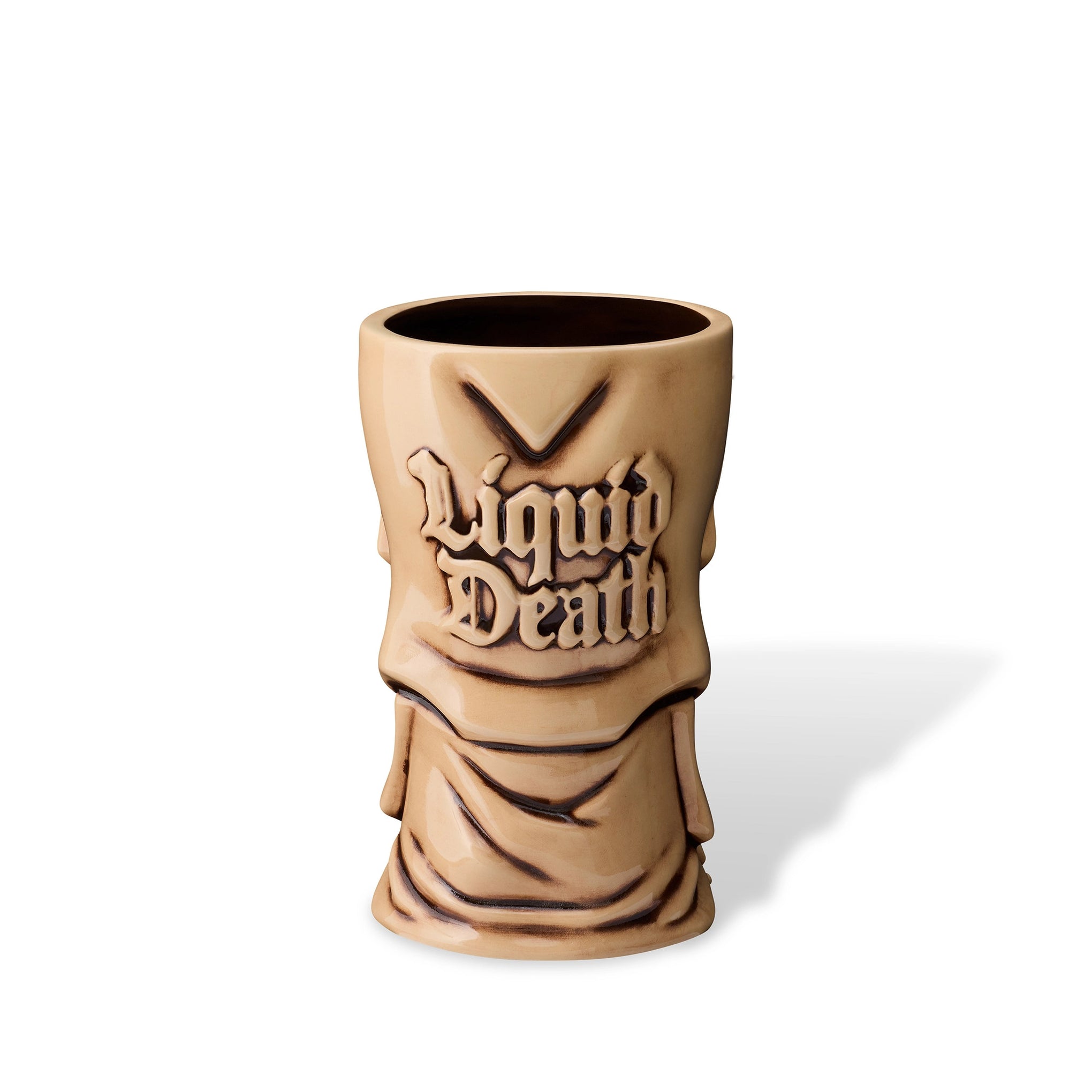 Beige Mug 'Liquid Death' on a white background