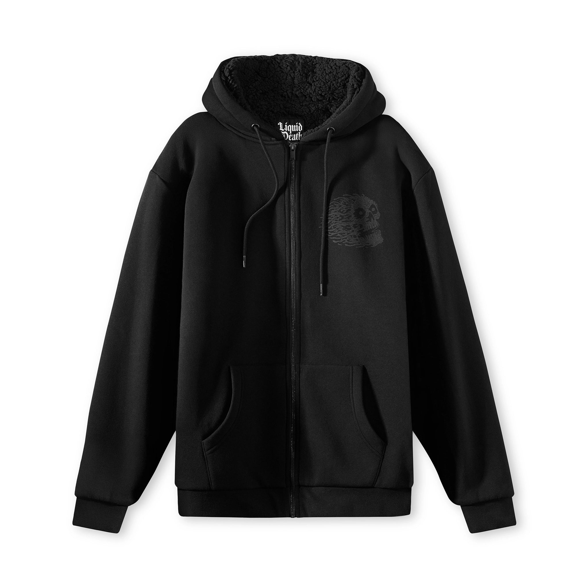 Black hoodie with a small logo on the chest against a white background