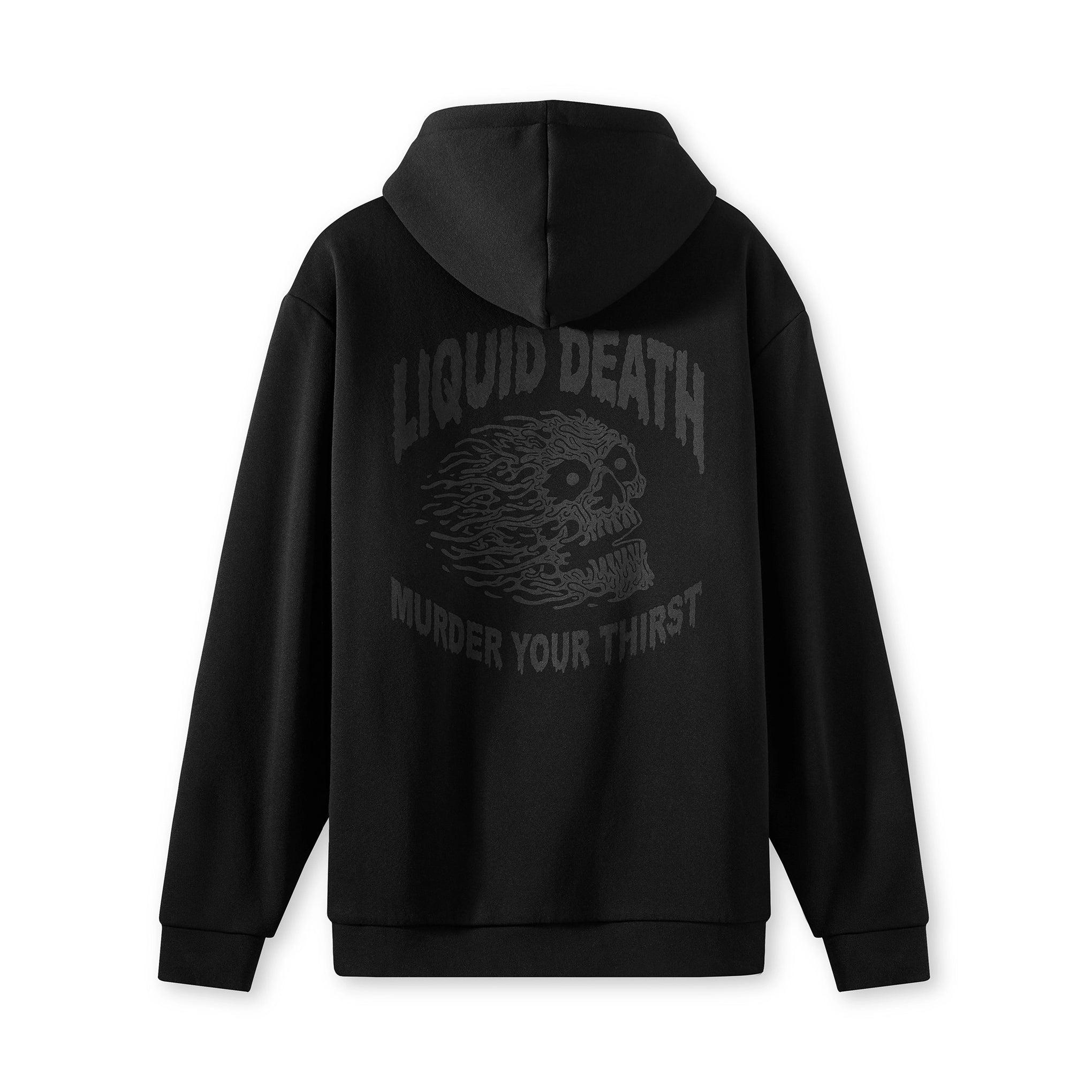 Black hoodie with 'Liquid Death' text and graphic on the back against a white background