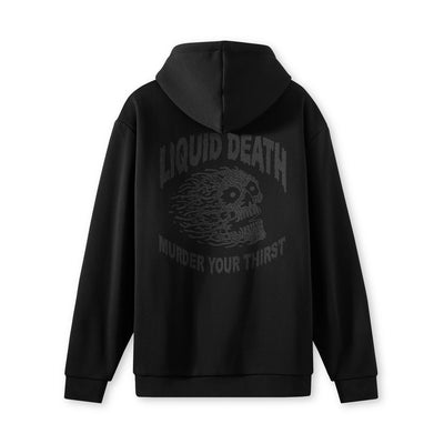 Black hoodie with 'Liquid Death' text and graphic on the back against a white background