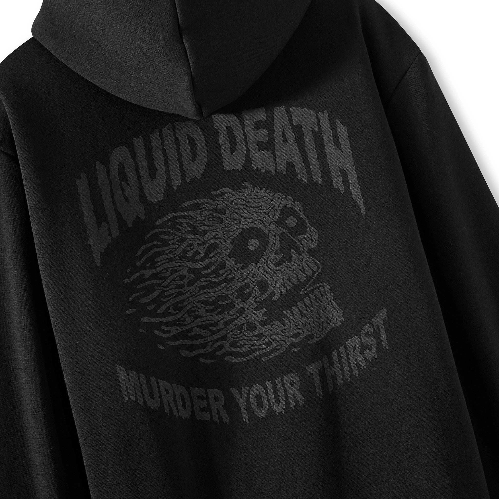 Black hoodie with 'Liquid Death' graphic design on a white background