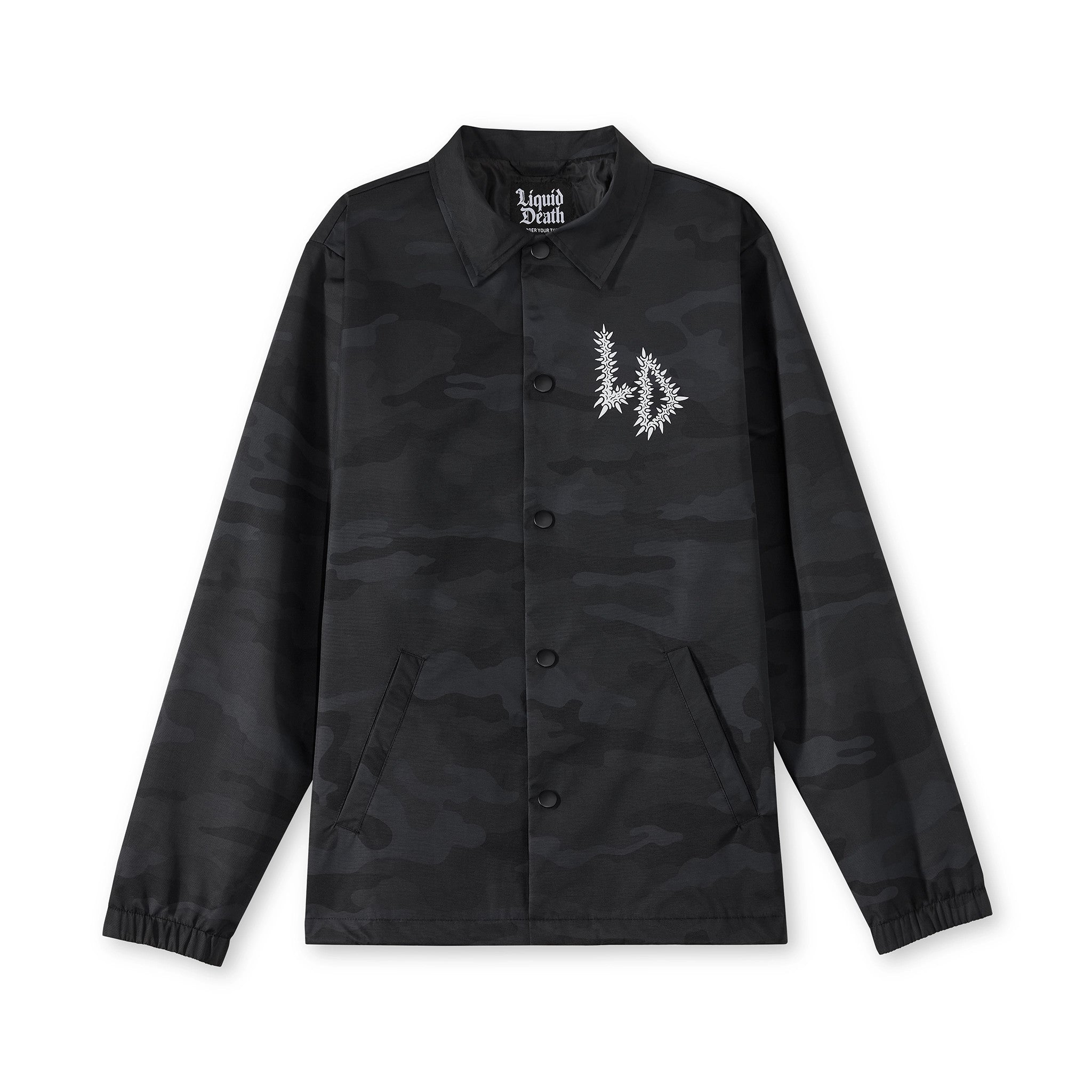 Black camouflage jacket with Liquid Death logo on a white background