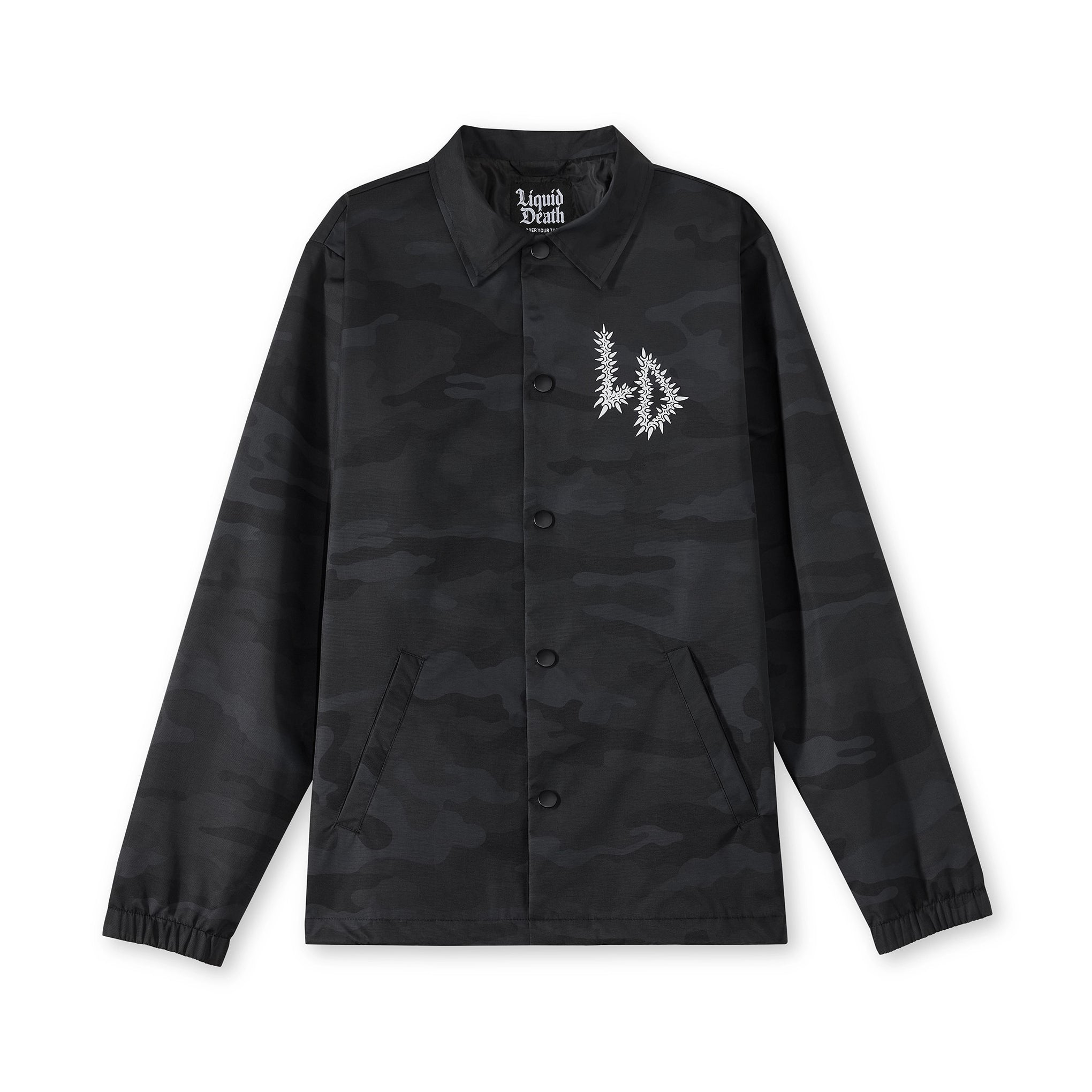Black camouflage jacket with Liquid Death logo on a white background