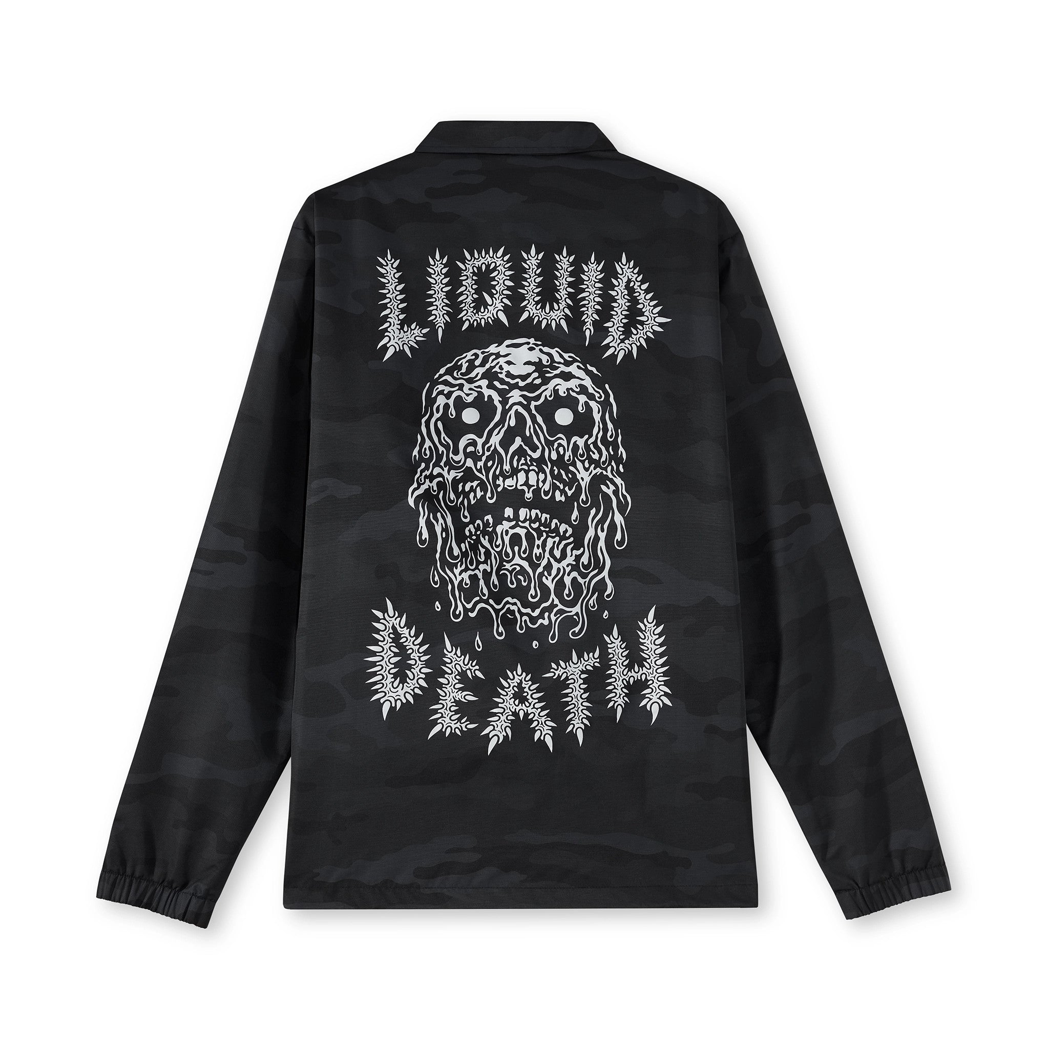 Black jacket with white graphic design on the back on a white background