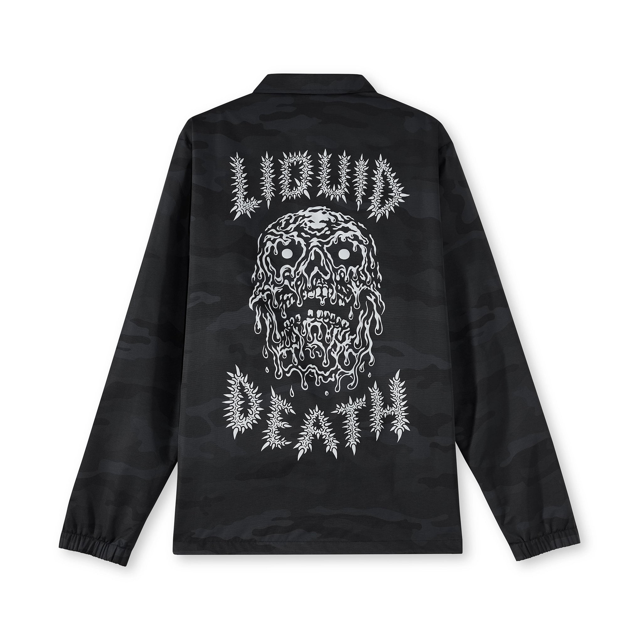 Black jacket with white graphic design on the back on a white background