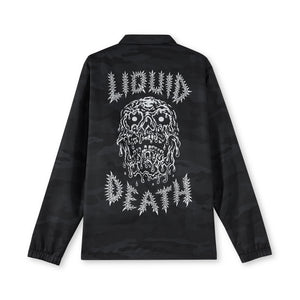 Black jacket with white graphic design on the back on a white background