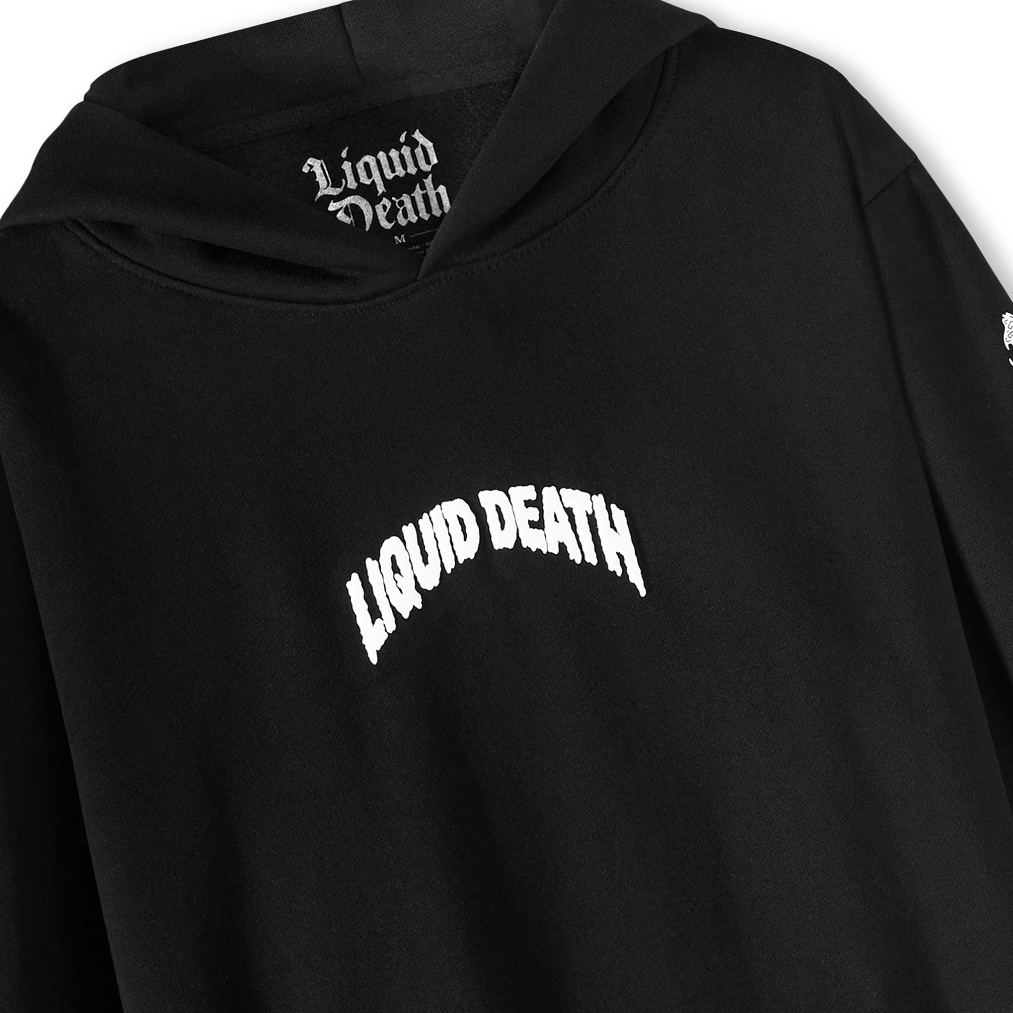 Black hoodie with 'Liquid Death' branding on a white background