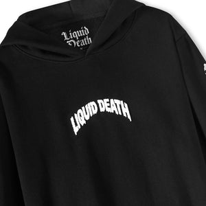Black hoodie with 'Liquid Death' branding on a white background