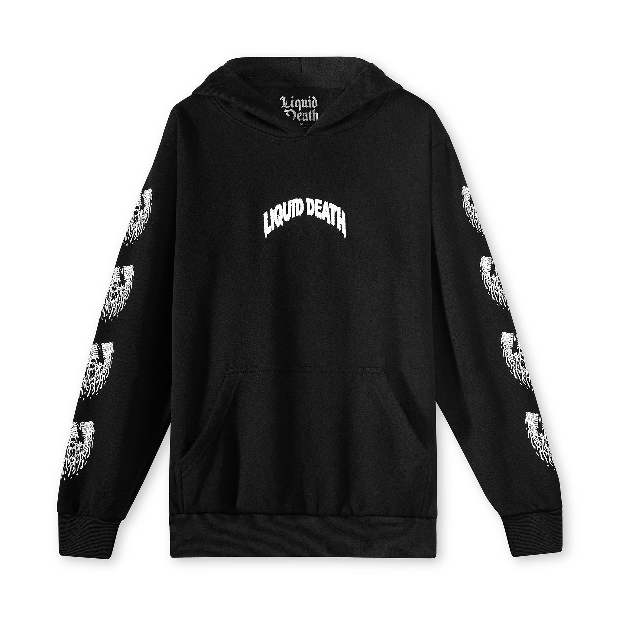 Black hoodie with 'Liquid Death' branding on a white background