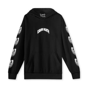 Black hoodie with 'Liquid Death' branding on a white background