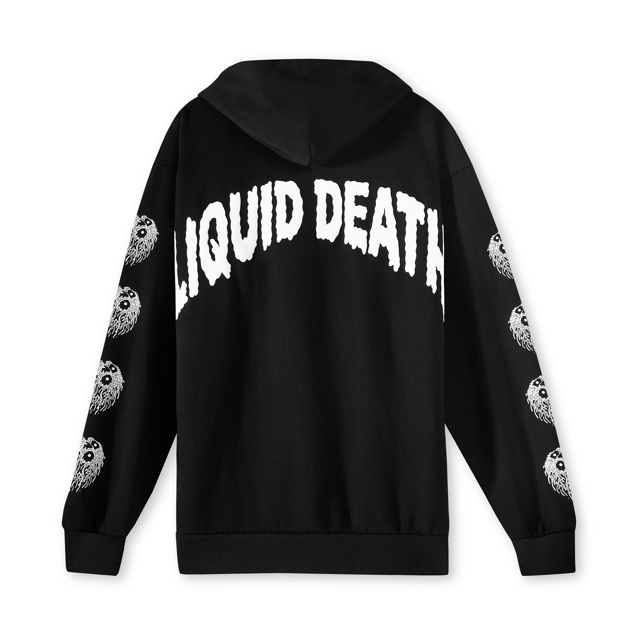 Black hoodie with 'LIQUID DEATH' text on the back against a white background