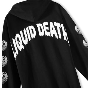 Black hoodie with 'LIQUID DEATH' text and skull designs on a white background