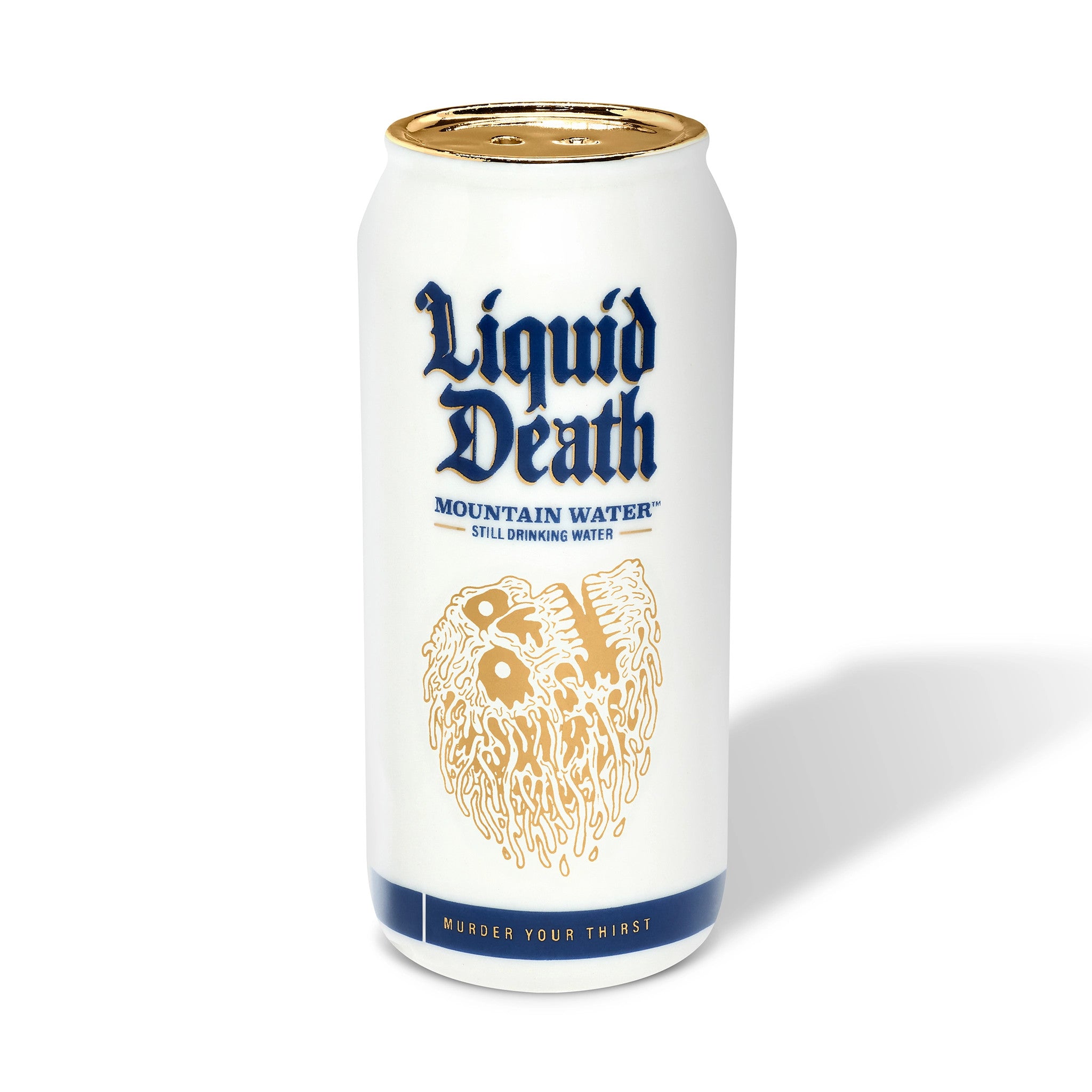 Can of 'Liquid Death' mountain water with a white background