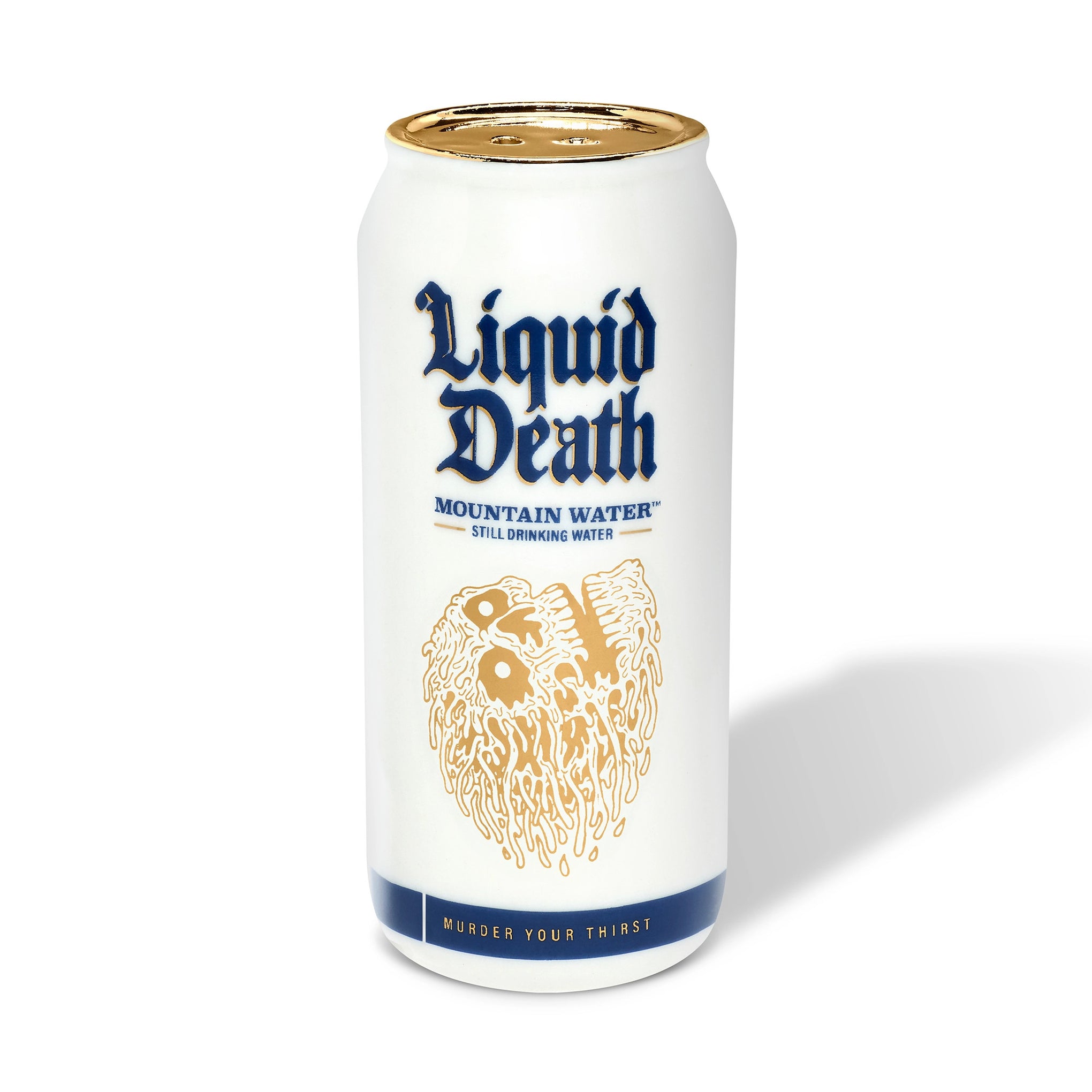 Can of 'Liquid Death' mountain water with a white background