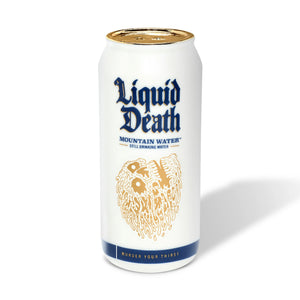 Can of 'Liquid Death' mountain water with a white background