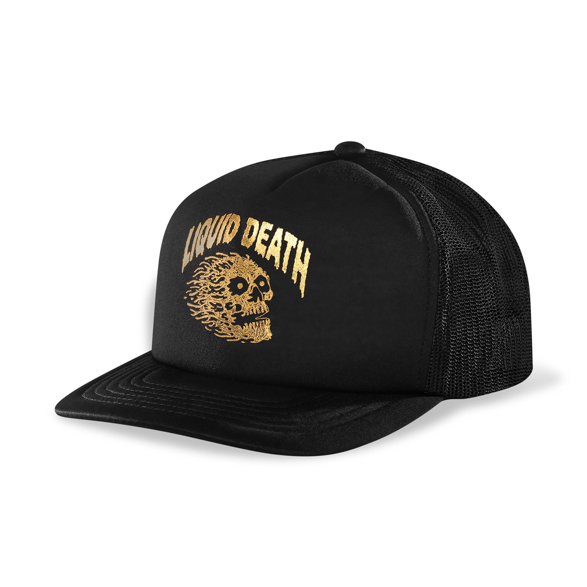 Black trucker cap with 'Liquid Death' logo on a white background
