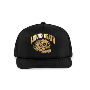 Black cap with gold 'Liquid Death' text and skull design on a white background