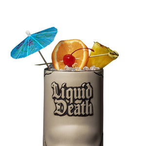 'Liquor Death' branding, garnished with an orange slice, cherry, and pineapple wedge, on a white background.