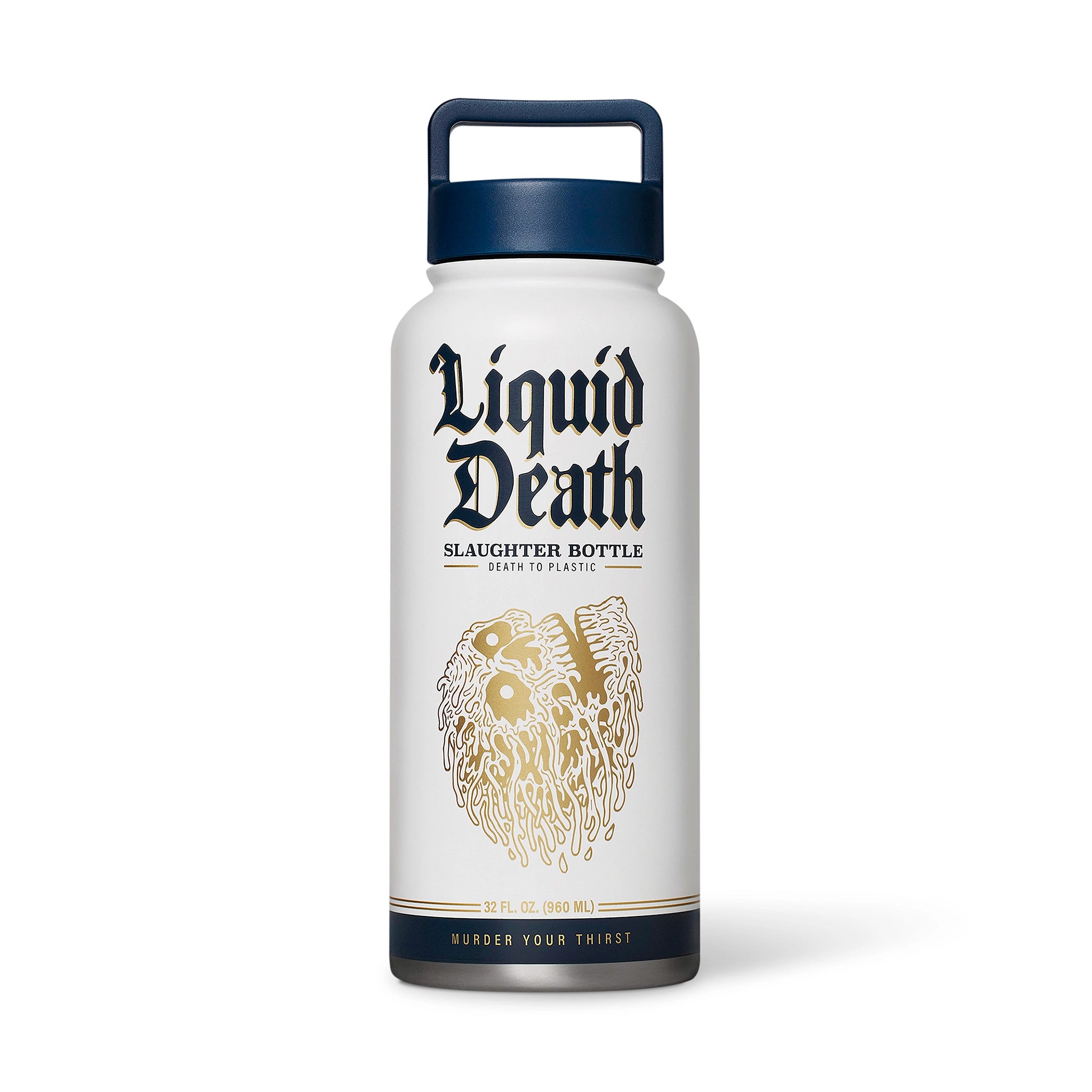 White water bottle with 'Liquid Death' branding on a white background