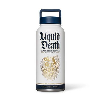 White water bottle with 'Liquid Death' branding on a white background