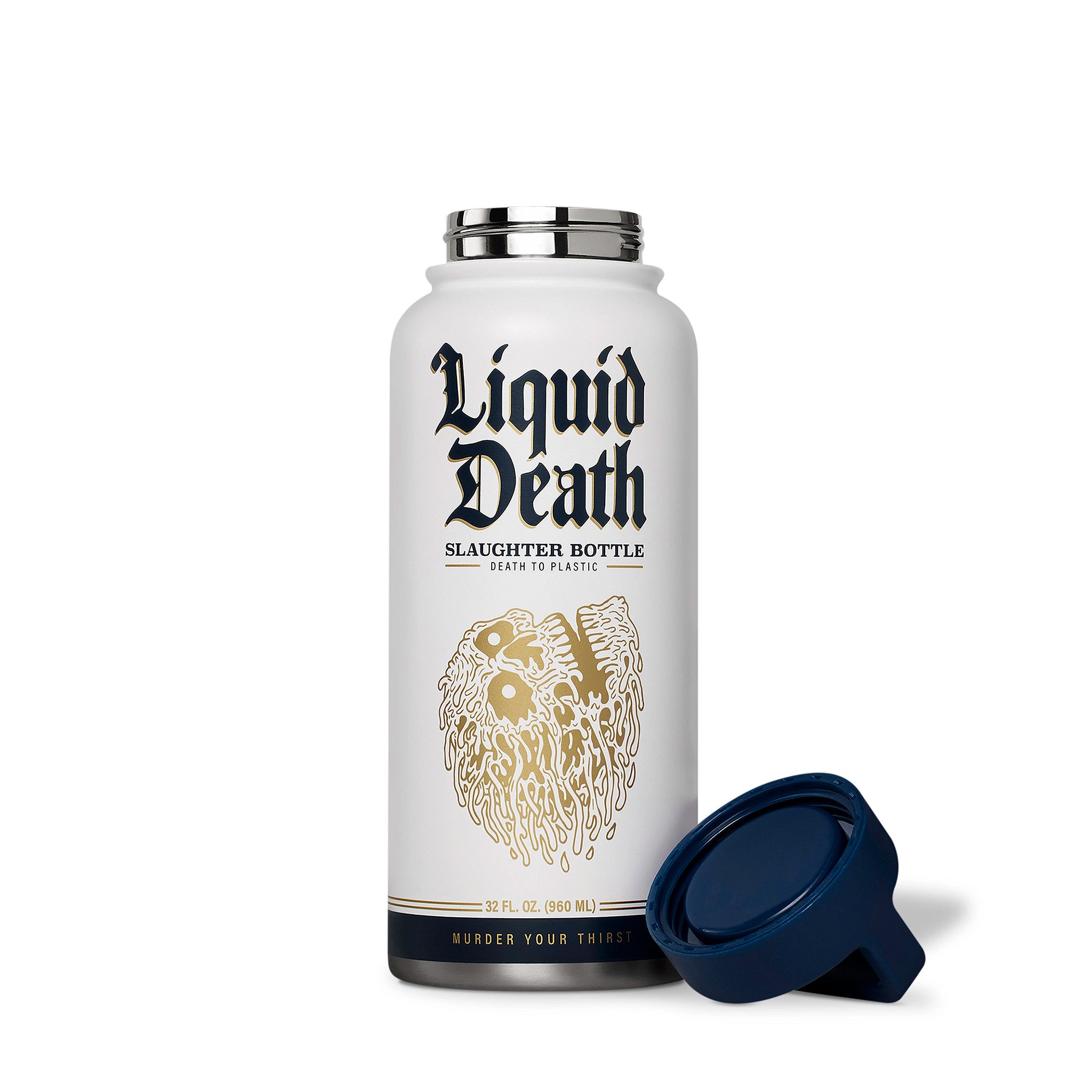 White bottle labeled 'Liquid Death' with a blue cap on a white background