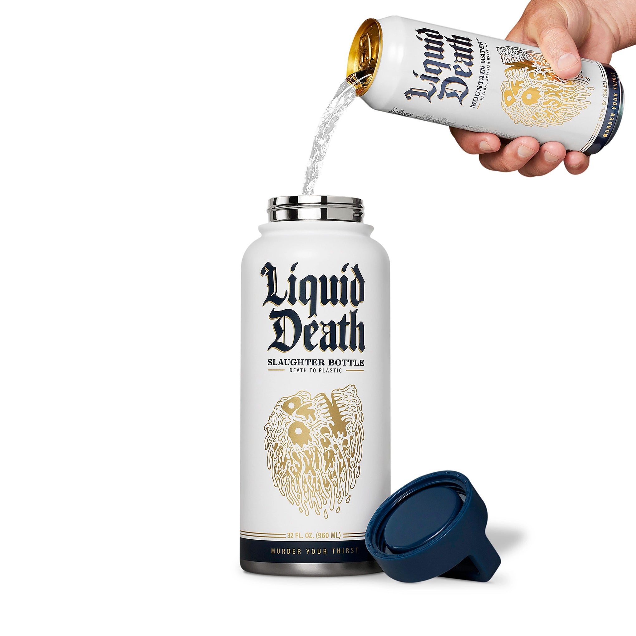 White 'Liquid Death' bottle being filled with a can, on a white background