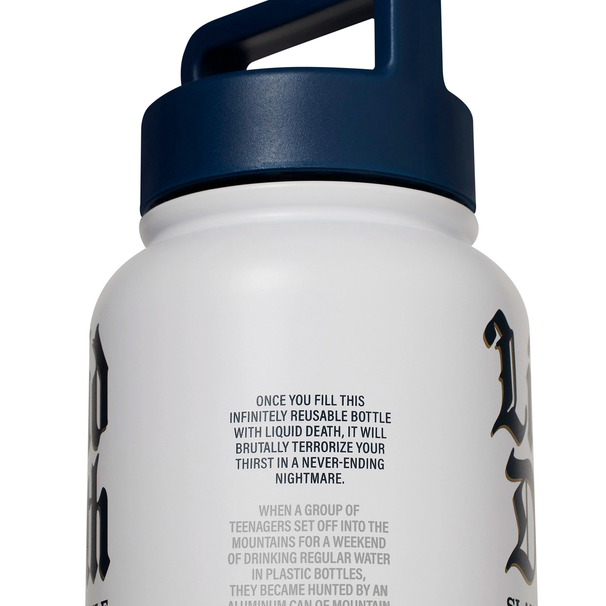 White reusable bottle with blue cap and humorous text on a white background