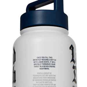 White reusable bottle with blue cap and humorous text on a white background