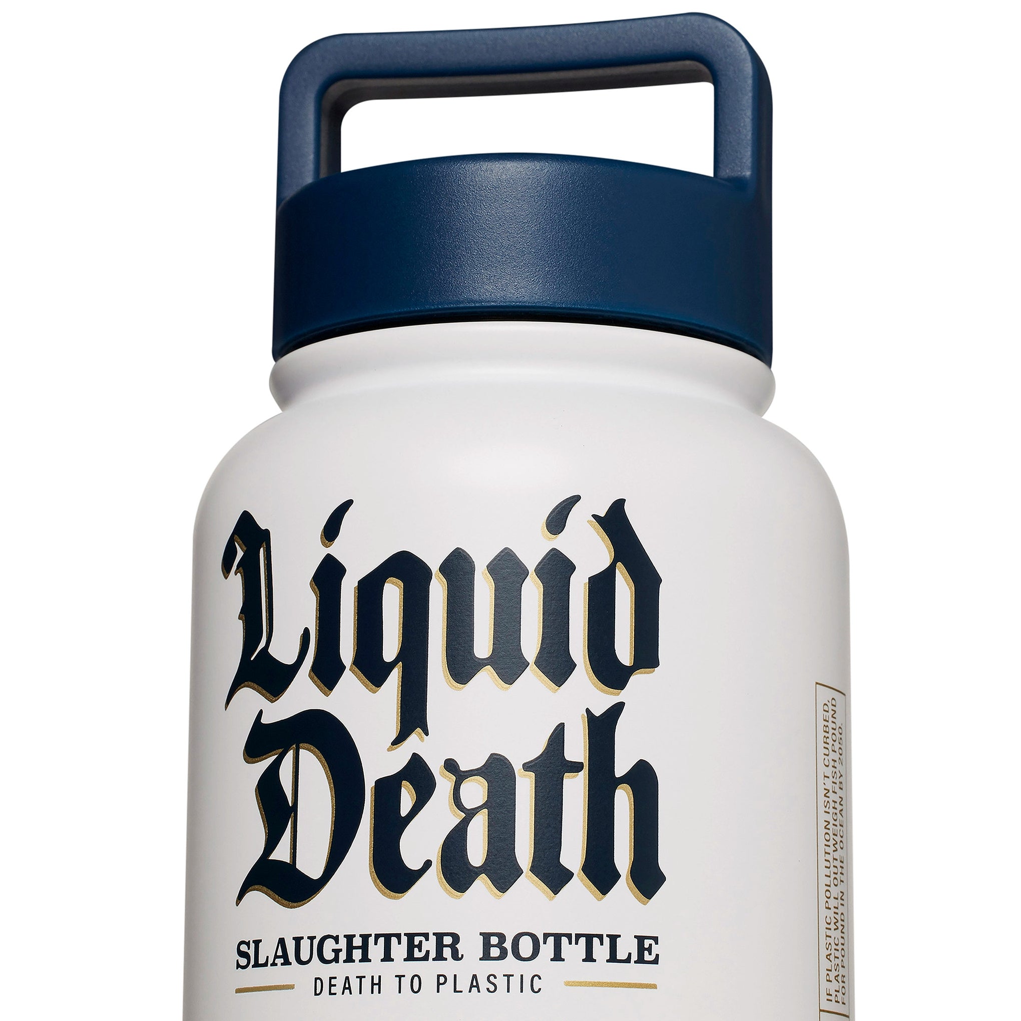 White bottle with navy lid labeled 'Liquid Death' on a white background