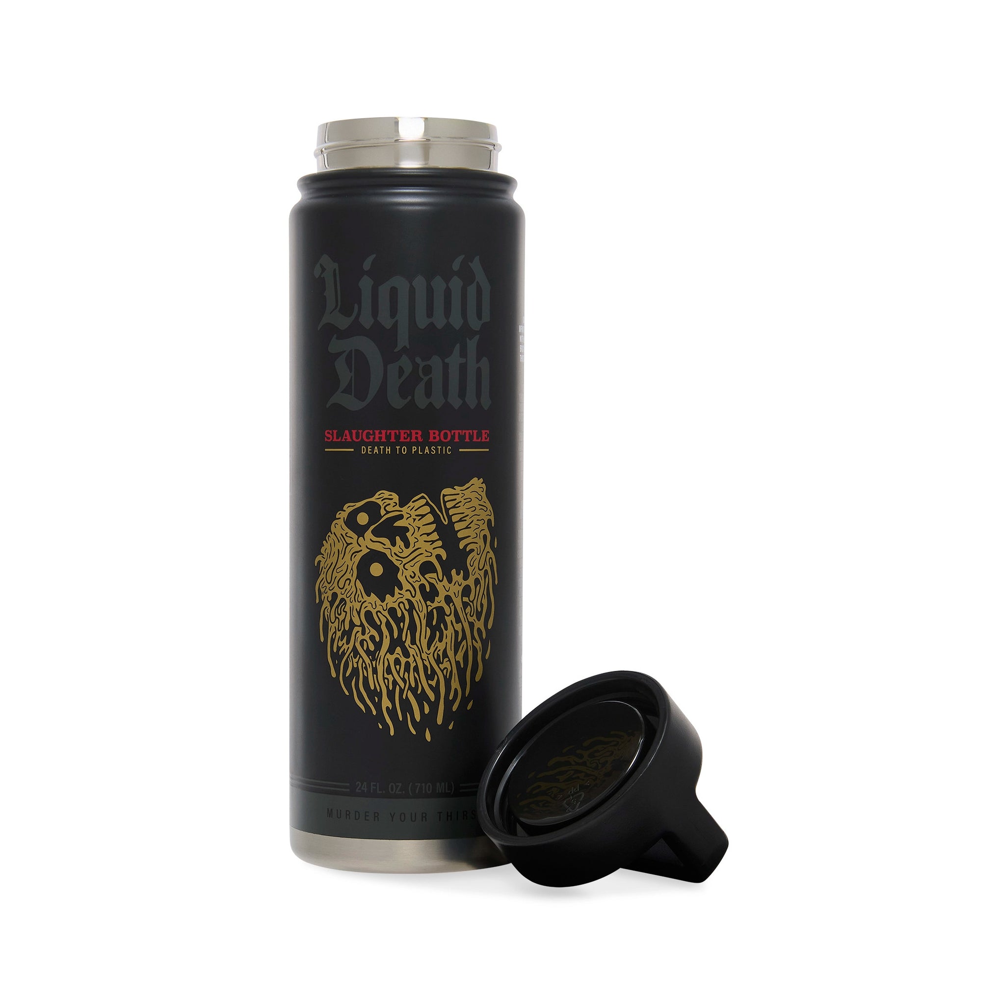 Black bottle labeled 'Liquid Death' with a black cap on a white background